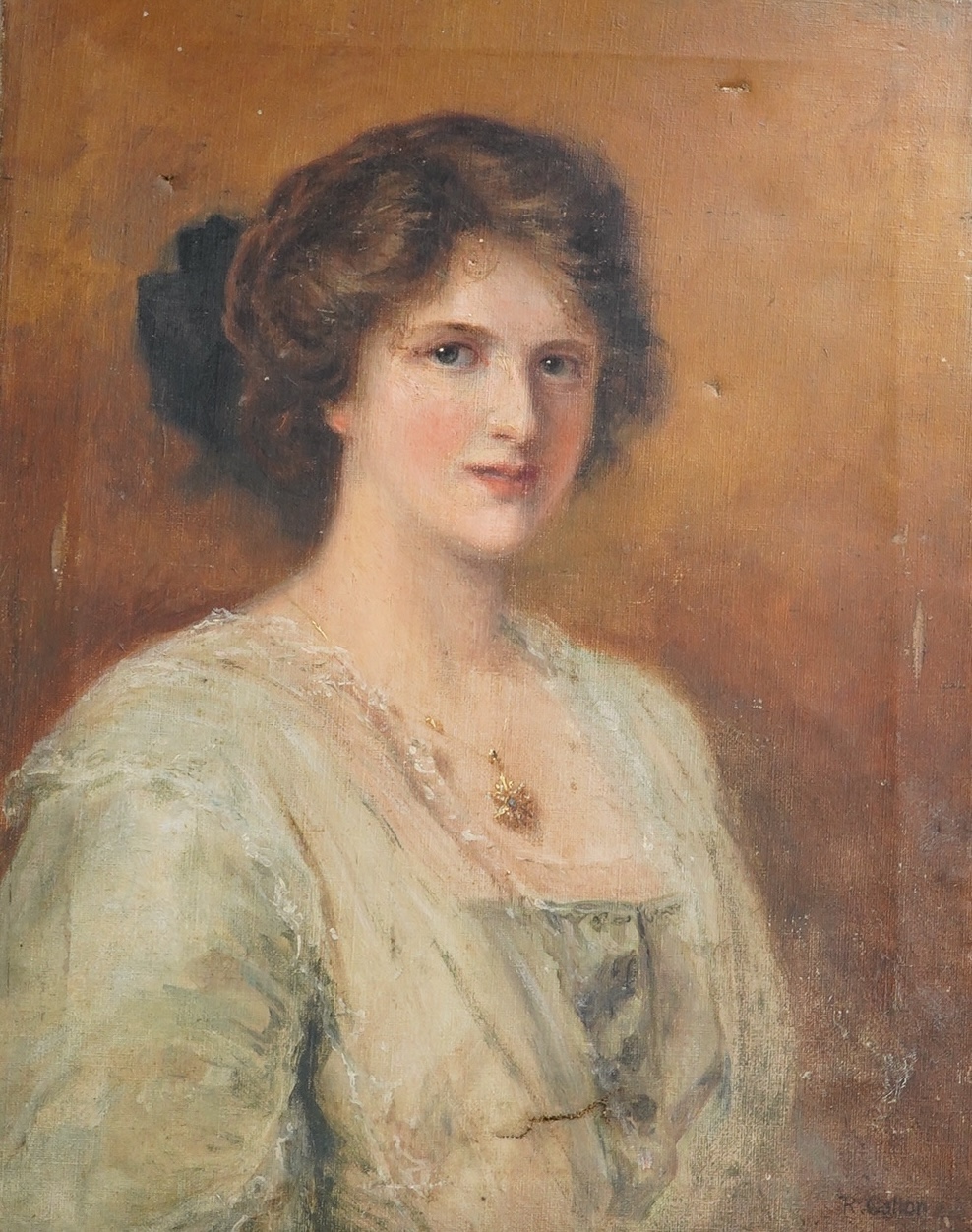 Manner of Robert Gallon (1845-1925) oil on canvas, Portrait of an Edwardian lady wearing a sunburst necklace, signed, 43 x 33cm, unframed. Condition - poor